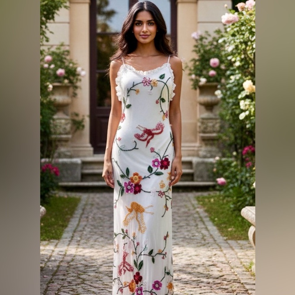 Floral‎ hand beaded and hand Embroidered White Dress